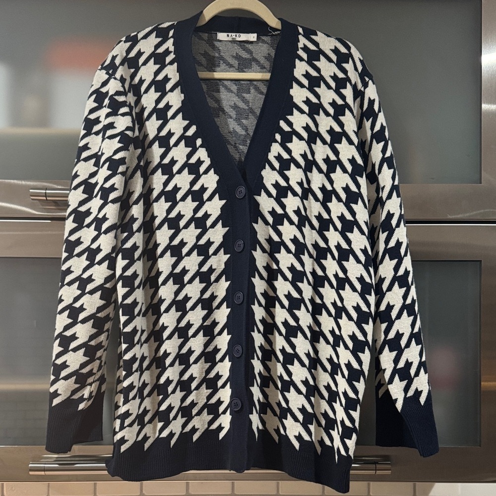 NA-KD Houndstooth Cardigan Blue White Preppy Chic Button Front Size S